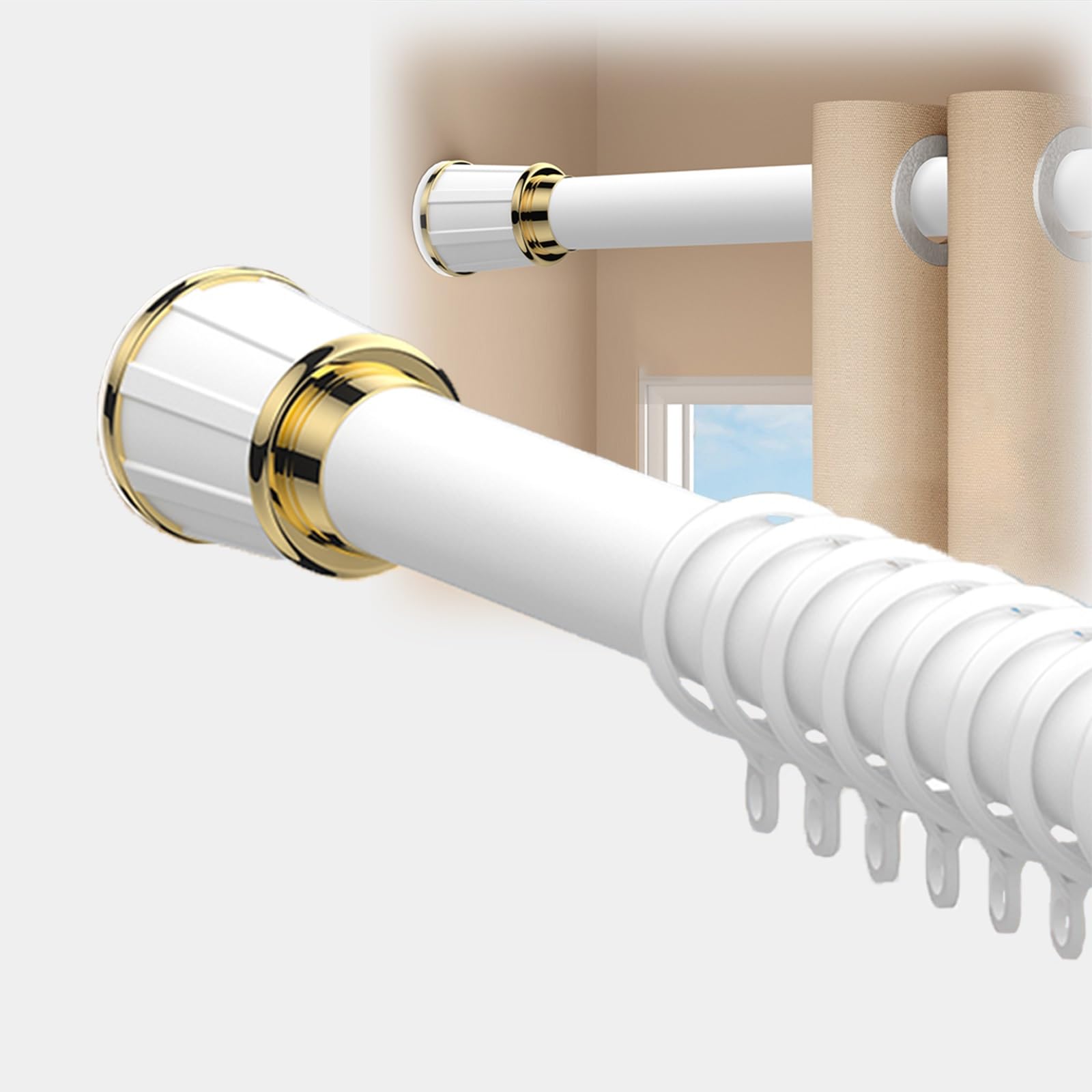 32mm Vorhangstange Ohne Bohren, 40-500cm Teleskopstange Vorhang Ausziehbar, Matt Schwarz Multifunktionale Gardinenstange Klemmbar für Fenster Küche Schrank und Badewanne(Weiß,410-500cm)