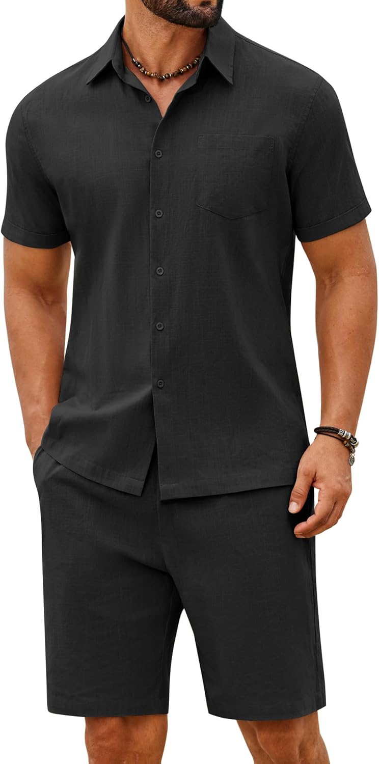 COOFANDY Men's 2 Piece Summer Outfits Short Sleeve Casual Beach Button Down Shirts and Shorts Vacation Cotton Sets