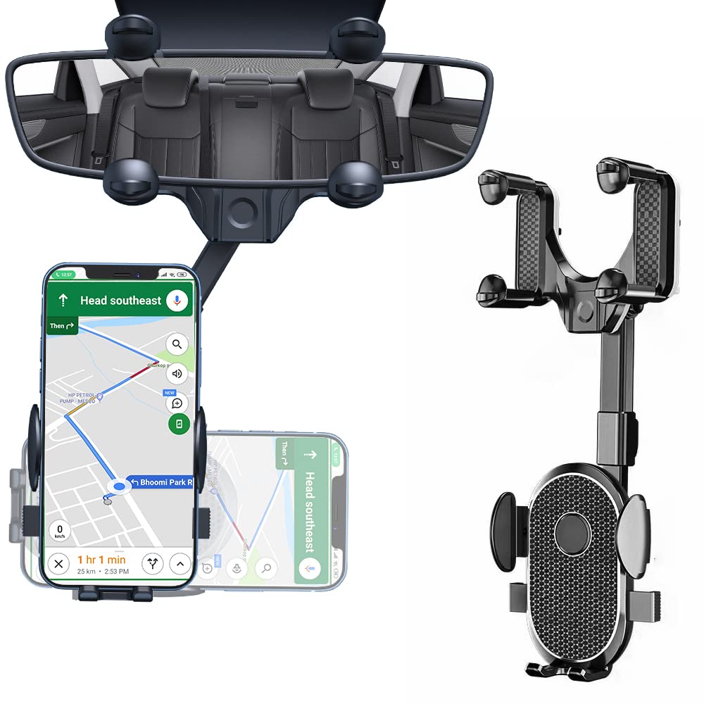 RESCIEN Car Phone Holder Mount 360°Rotatable and Retractable Car Phone Holder Mount Multifunctional Rearview Mirror Phone Holder Car Adjustable Cell Phone Holder for iPhone 13 12 11 Pro Max XR