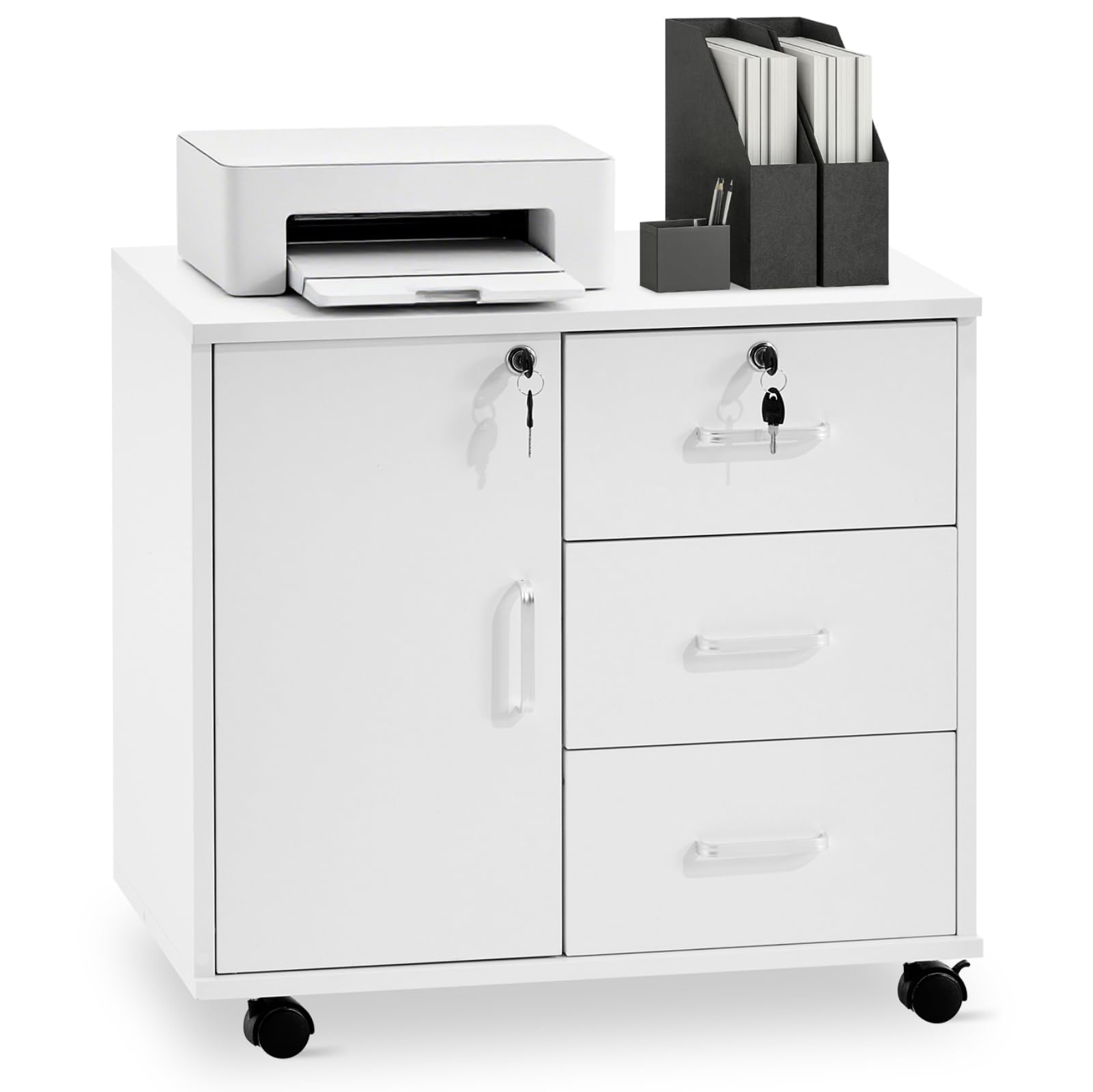 TUKAILAi Lockable Mobile File Cabinet with 3 Drawers 1 Compartment, Rolling Lateral Filing Cabinet for Home Office A4 Letter Size Documents Printer Stand, White