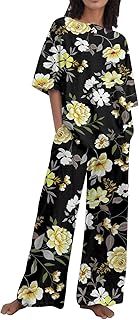 Chándal para mujer, conjunto de dos piezas, camiseta con estampado de flores, camisa superior con bolsillo, pantalones, informal, 2 unidades, conjunto de ropa de salón para mujer