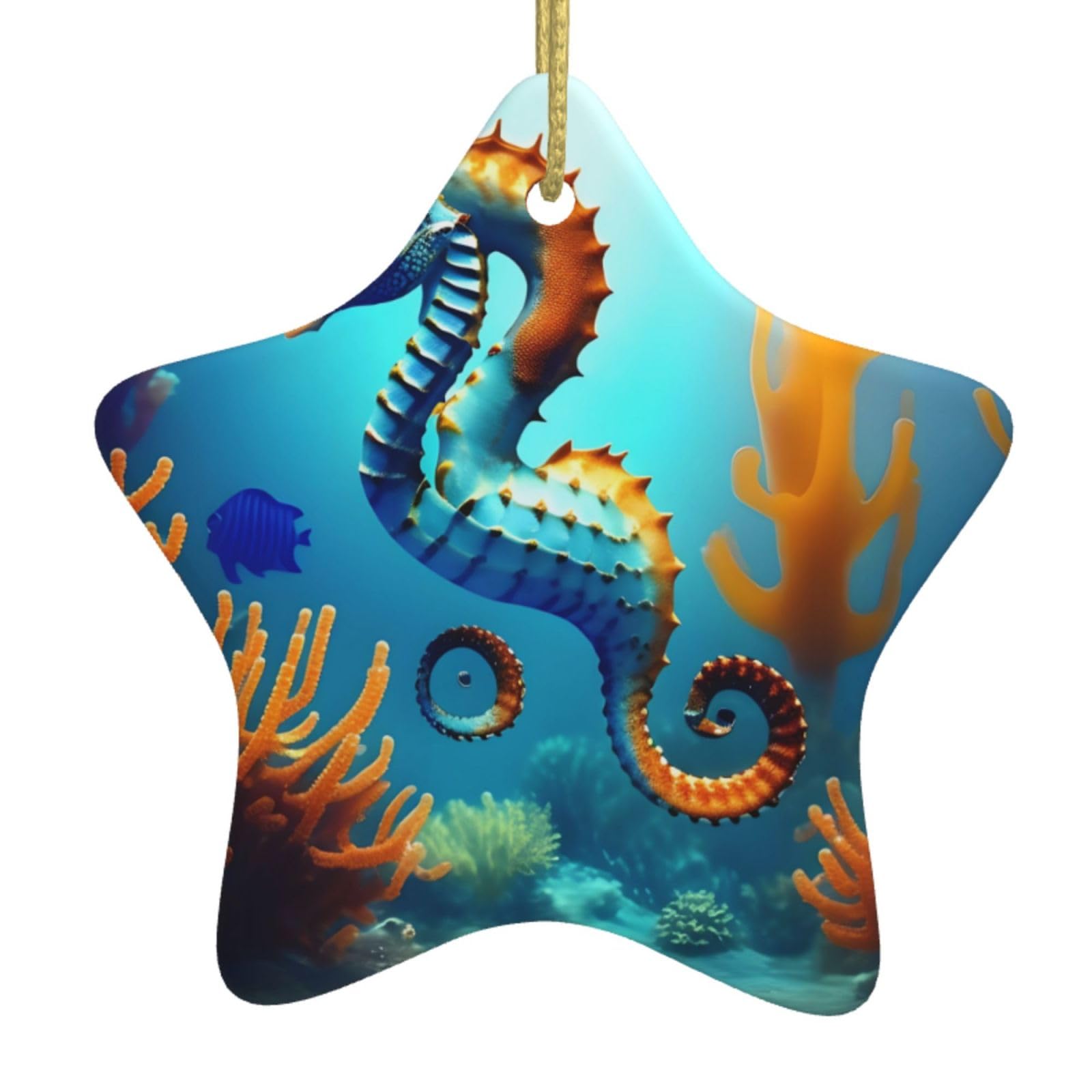 Seabed Coral Seahorse Christmas Ceramic Star Pendant with Punched Holes and Gold Wire Rope, Christmas Tree Home Decoration