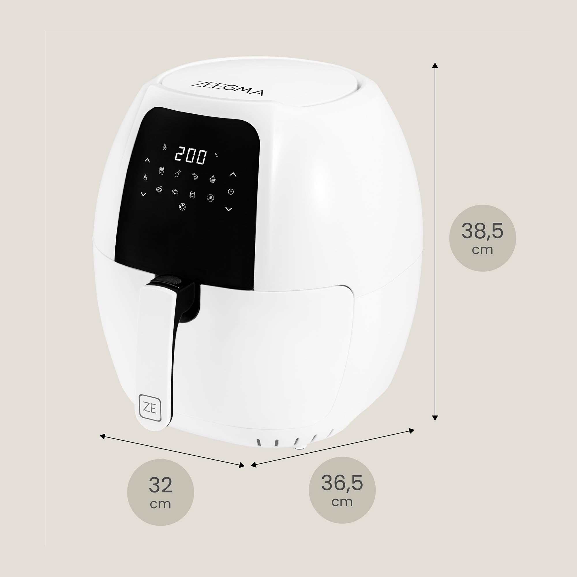 ZEEGMA Knapper Grand freidora sin aceite, freidora de aire 1800W, temperatura 60-200 °C, tiempo de calentamiento 60s, cesta capacidad 6L, revestimiento de teflón, 9 programas, apta para lavavajillas