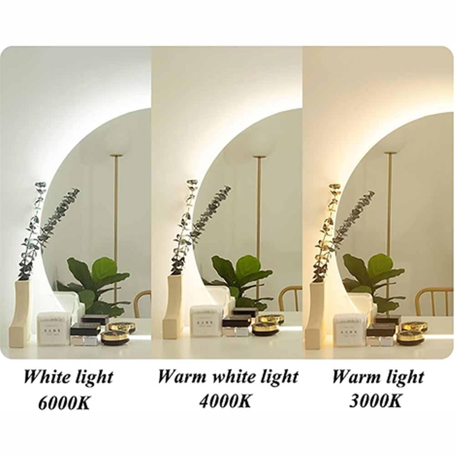 Specchio da Trucco Parete Mezza Luna a LED 80×90cm, Specchio Semicerchio da Bagno Intelligente 70×80cm con 3 Colori di Luce, Anti-Appannamento(Frontlit,100cm/40inch)