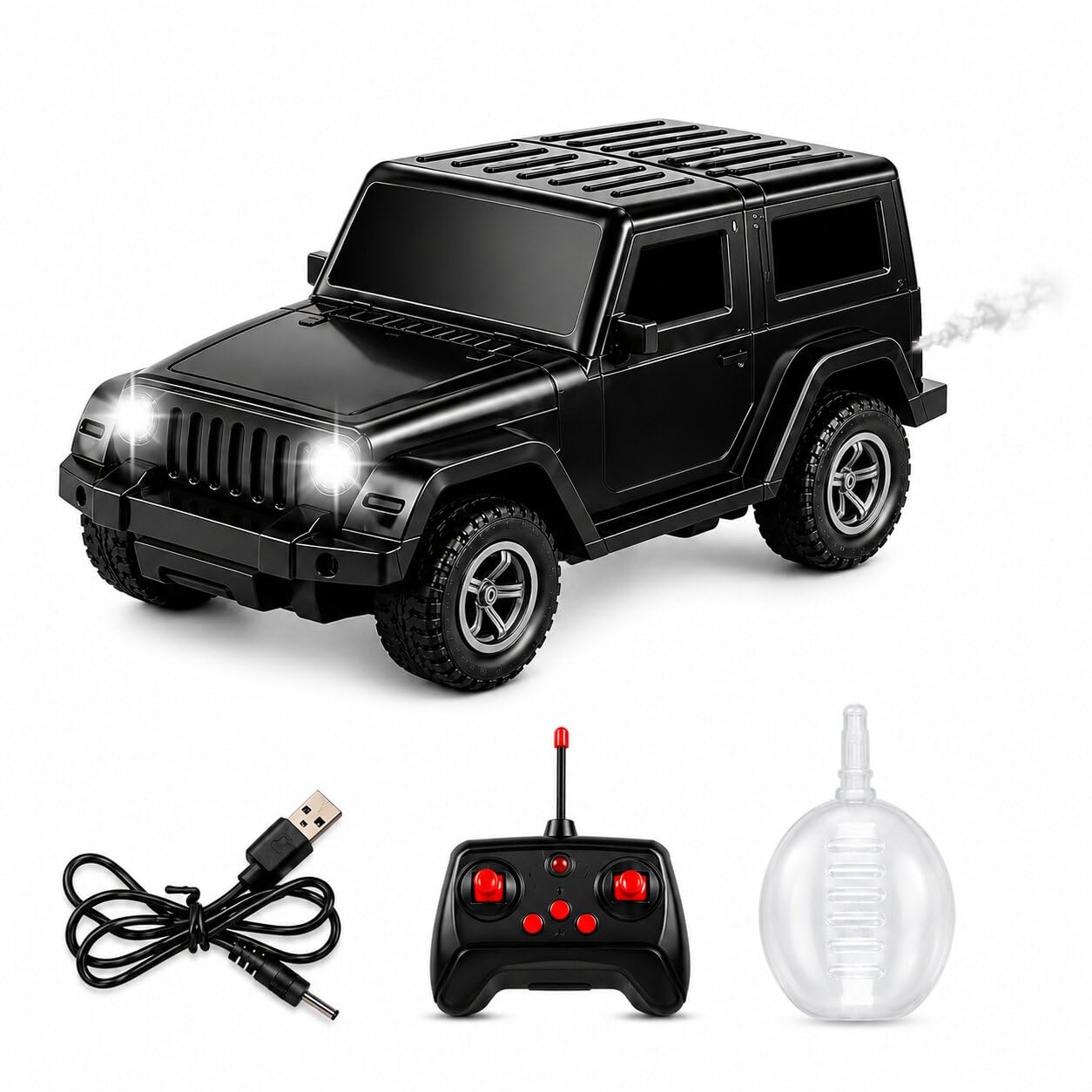 GADDI 2.0 Rechargeable Remote Control Thar Toy Car for Kids 4+ Years, Black RC Car with Mist Smoke Effect, USB Rechargeable, LED Front Lights, Music, 360° Rotation, Auto Play-image-48