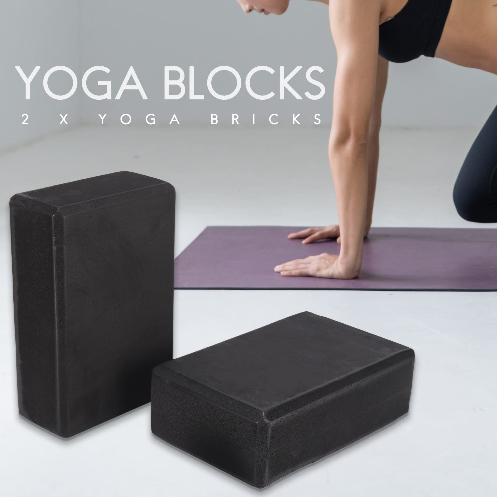 Set De 2 Blocs De Yoga EVA + Sangle Extensible 183 Cm – Antidérapant, Noir, Pour étirements Et Pilates