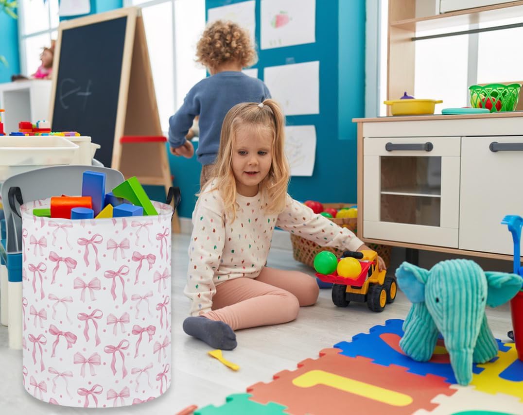 Girls Laundry Basket Pink Hamper for Nursery Bowkont Hamper Cute Kids Storage Bin Organizer Room Decor for Home(Pink bowkont) - Image 3