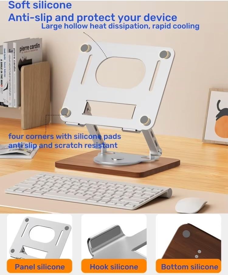Image of FKU Wooden Laptop Stand | Mechanical Base 360 Rotating Adjustable Height Notebook Stand | Compatible Portable Desktop Bamboo Aluminum and Wooden Portable Laptop Stand with Lifting Base Holder