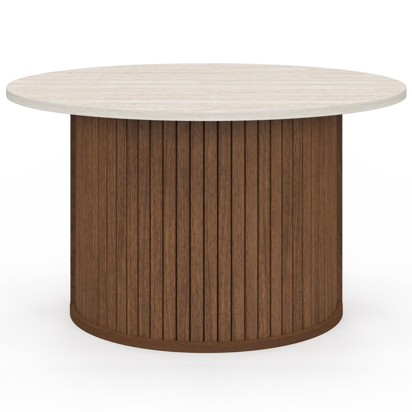 IDMarket - Table Basse Ronde Juliette 70 cm Lattes Effet Noyer et Plateau travertin