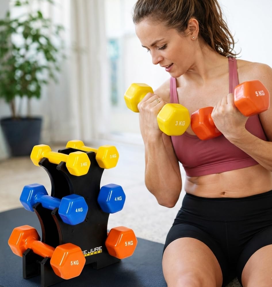 Image of De Jure Fitness Dumbbell Set with Stand for Home Gym | 1kg 2kg 3kg 3 Pair Dumbbells Set | Vinyl Weight Set with Rack | Space Saving Compact Stand | Strength Training Workout Equipment