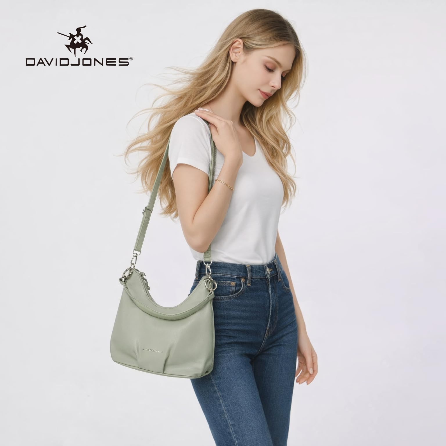 David Jones - Hobo Bag Damen, Mittelgroße Schultertasche PU Leder, Rosa