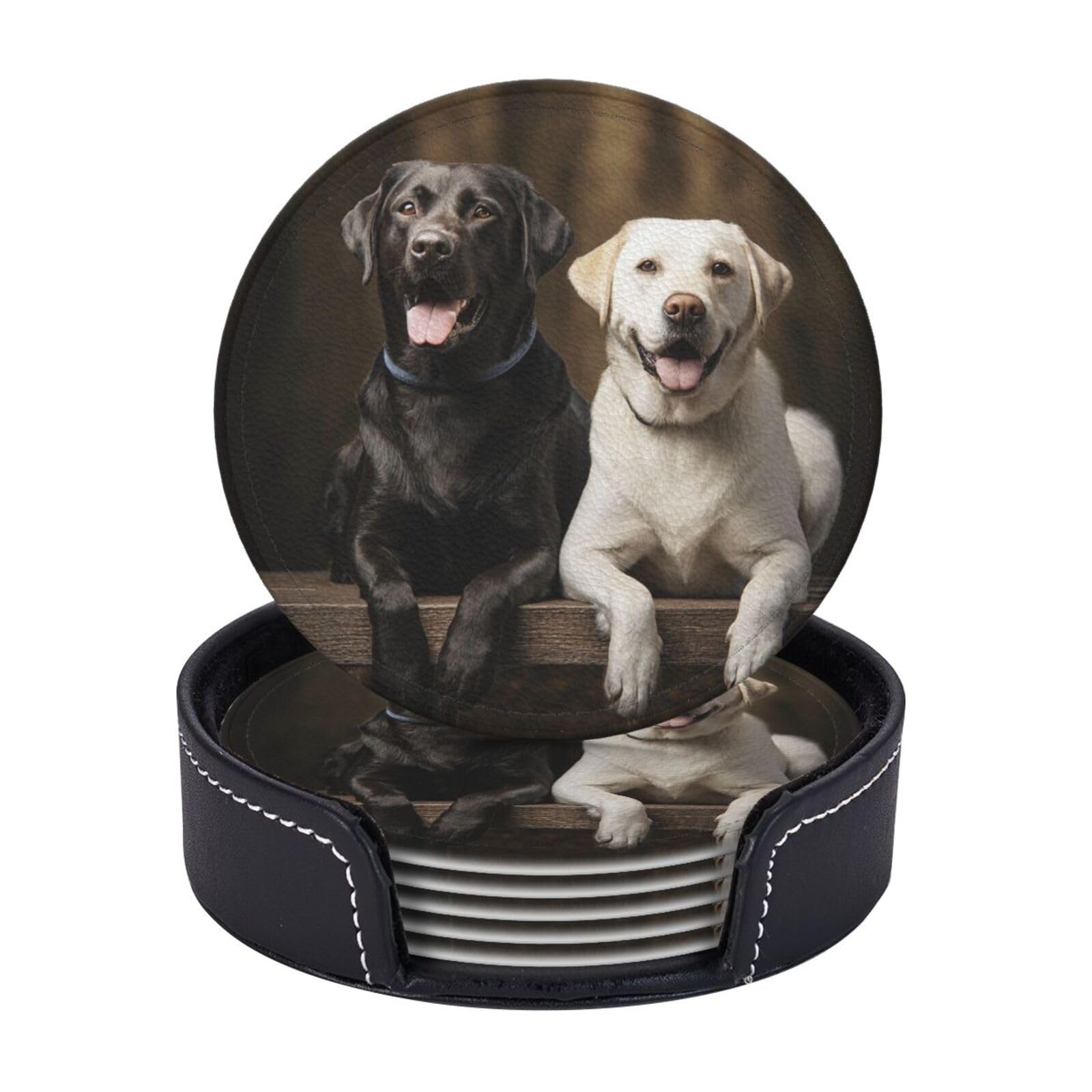Drink Coasters Set of 6 Coffee Leather Coaster with Holder Labrador Coasters for Drinks Coffee Cup Mat Heat Resistant Tabletop Protection Coaster Desk Accessorie Home Decorative