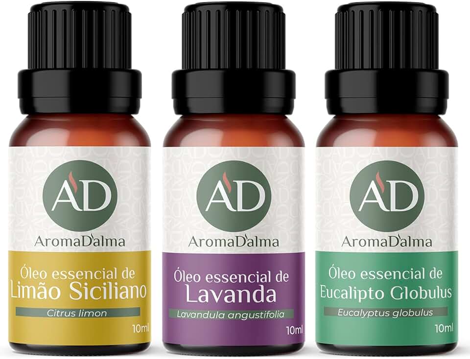 KIT BÁSICO DE AROMATERAPIA - 3 Óleos Essenciais 100% Puros. Lavanda, Limão e Eucalipto - Ideal Para Difusor, Aromaterapia e Cuidados Com o Corpo - Aroma D’alma