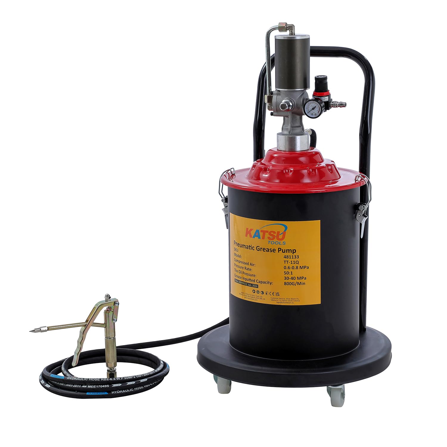 KATSU Tools Bomba de Grasa Neumática 20L Bomba de Engrase con Aire a Presión Dispensador de Pistola de Grasa de Aire Portátil con 12ft Manguera, 450 Bar, para Maquinaria de Automóviles y Camiones