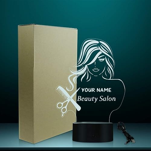 Miniatura 9 de The Geeky Days Salón de belleza 3D LED noche luz peluquería peluquería tijeras peine mesa escritorio lámpara nombre personalizado diseño moderno