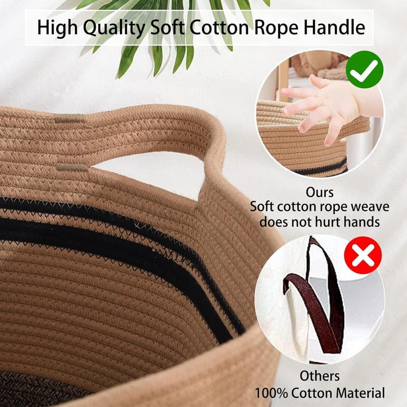 Image of Storage Rope Laundry Hamper Basket for Clothes, Towels and Blankets in Livingroom, Bedroom, Laundry Room and Basket for Nursery Storage (Size - 15 inch x 15 inch x 18 inch) (Beige Black Stripe)