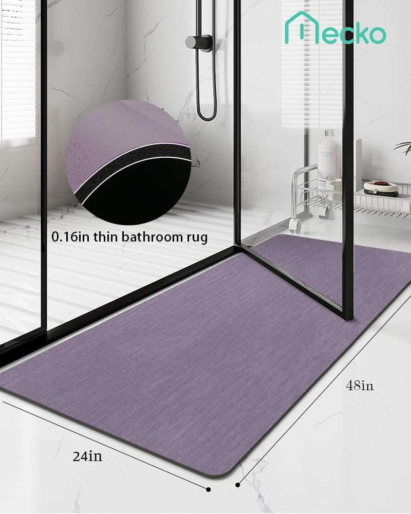 Mecko Bath Mat, Ultra Absorbent Quick Dry Bathroom Floor Mats-Rubber Non-Slip Thin Bathroom Rug Fit Under Door, Faux Suede Surface Shower Rug for Bathtub, Sink, Shower Room(Lavender Purple,24"x48")