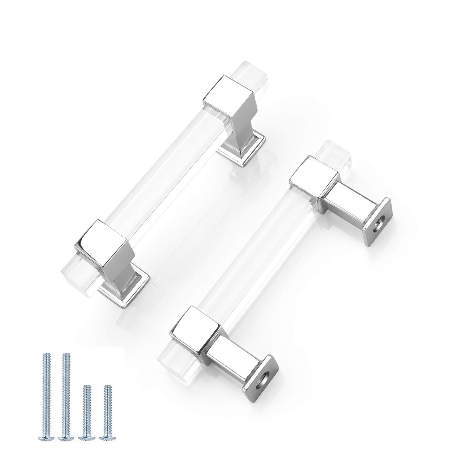 NIZADO 5 Pack |3'' Square Cabinet Pull Polished Chrome Acrylic Kitchen Drawer Handle,Clear Lucite Dresser Pull T Bar Furniture Hardware Modern