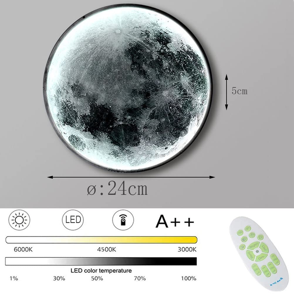 Lampada da Parete a LED a Forma di Luna, Lampada per Bambini dimmerabile con Telecomando, 18W, Rotonda, per Interni, Ideale per cameretta, Comodino, Illuminazione Notturna Decorati