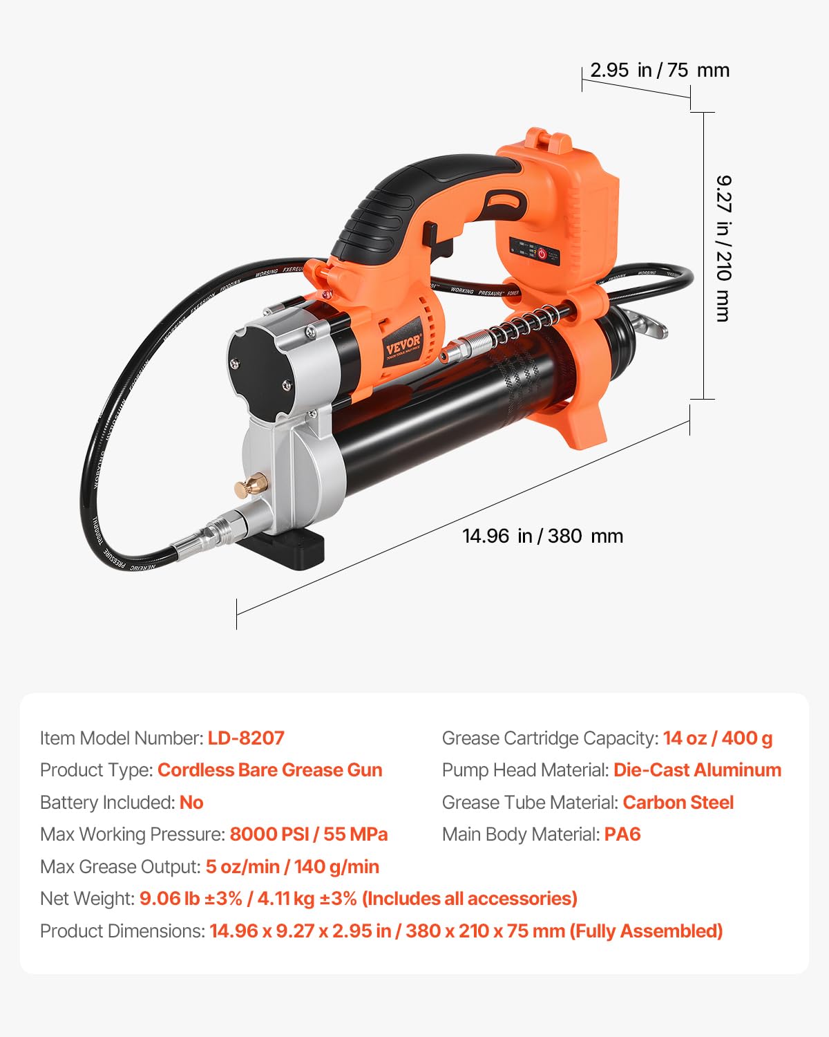 VEVOR Ingrassatore a Batteria Senza Fili, Pressione Massima di 55 MPa Ingrassatore Elettrica con Luce LED e Tubo, Batteria da 20 V e Grilletti a velocità Variabile, per Lubrificare Veicoli o Macchine