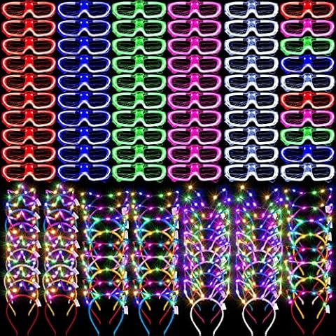 120 Pcs Glow in the Dark Party Supplies 60 Light up Glasses 20 LED Cat Ear Headband 20 LED Rabbit Ear Hair Accessories 20 Glow Crown Tiara Hairband for Neon Holiday Birthday Halloween Christmas Party Cover