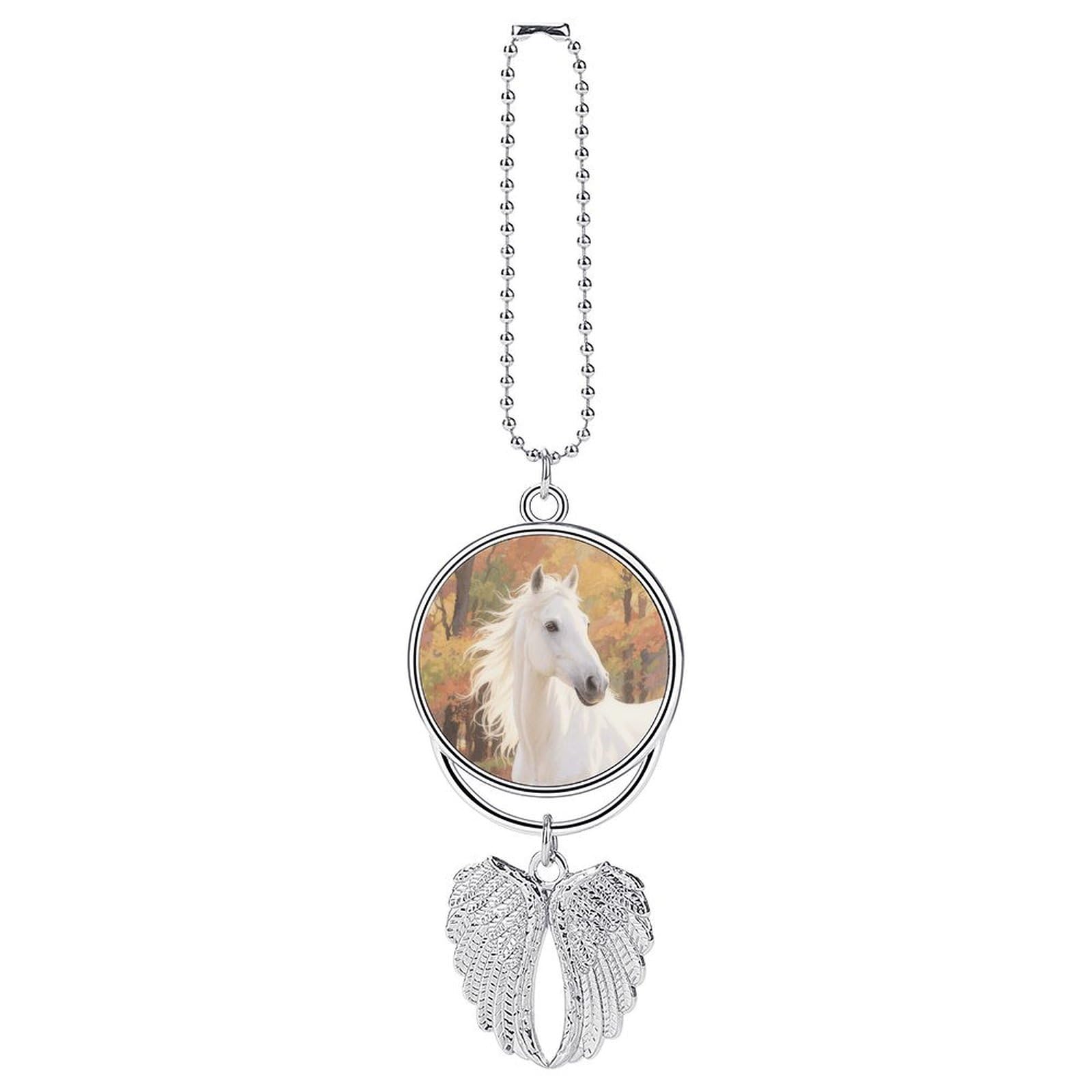 Watercolor White Horse Car Pendant Car Rearview Mirror Pendant Custom Photo Car Hanging Ornament Car Rear View Mirror Hanging Accessories Angel Wing Car Charm Gift for Men Women