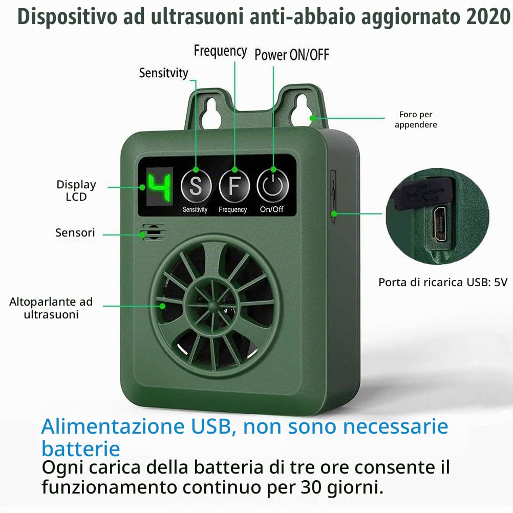 Dispositivo Anti Abbaio, Deterrente per Cani Che Abbaia, Dispositivo di Controllo Dell'abbaio con Sonico per Fermare L'abbaio del Cane, Sicuro per i Cani (Verde)