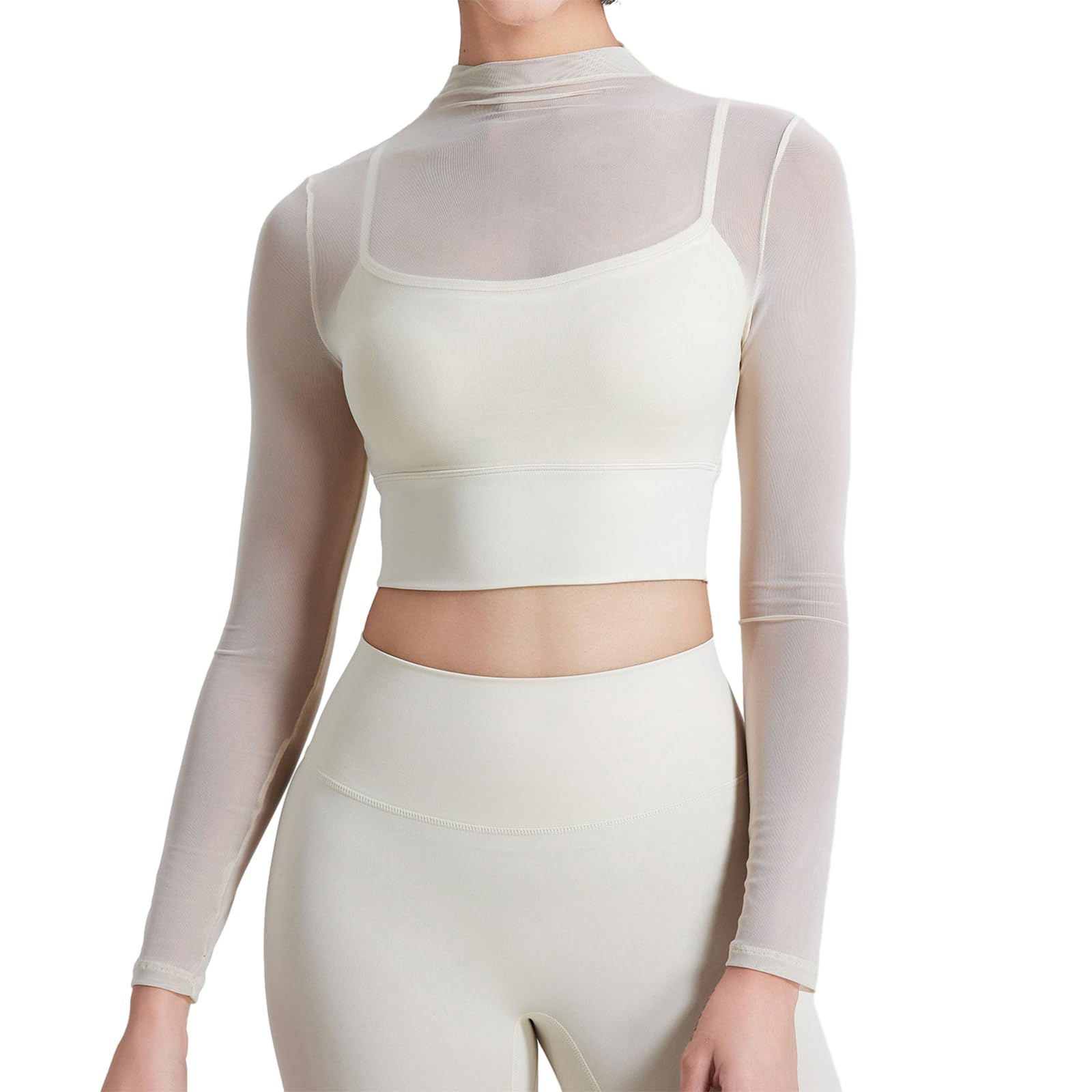 Top corto da donna a maniche lunghe, trasparente, doppia fodera, aderente, casual, per allenamento, palestra, yoga, camicetta