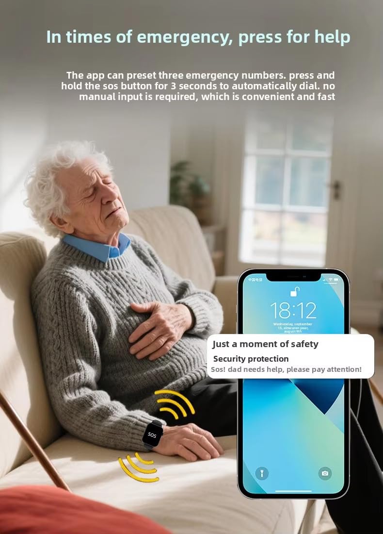 Reloj Inteligente para Personas Mayores, Smartwatch 4g con Detección De Caídas Y Botón Sos + Rastreador GPS, Pulsera De Seguridad De Doble Vía, Reloj De Alarma De Caídas para Ancianos Black
