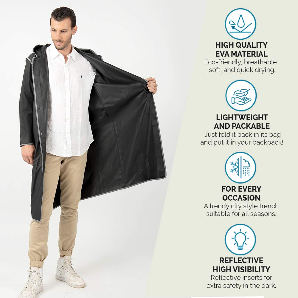 PERLETTI Chubasquero Hombre Mujer Ligero y Reutilizable - Impermeable Hombre Mujer Resistente al Agua - Ropa de Agua Impermeable Detalles Reflectantes Capucha Botones (L, Negro con Borde Reflectante)
