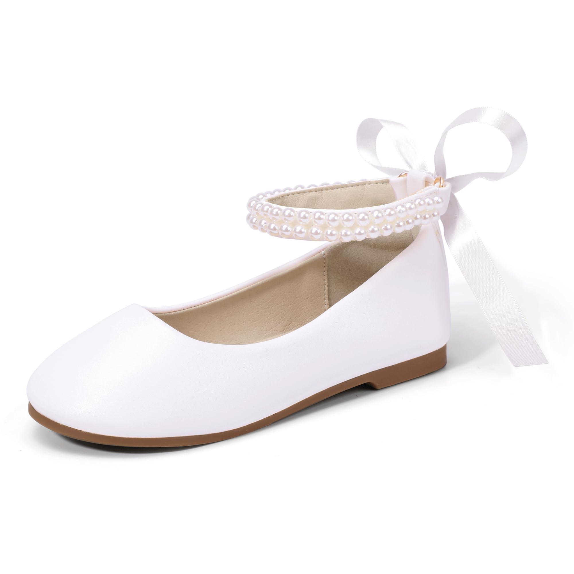 Hehainom Toddler Girls Dress Shoes Flower Girl Little Kids Mary Jane Ballet Flats Pearls Bow Wedding Party Communion Shoes