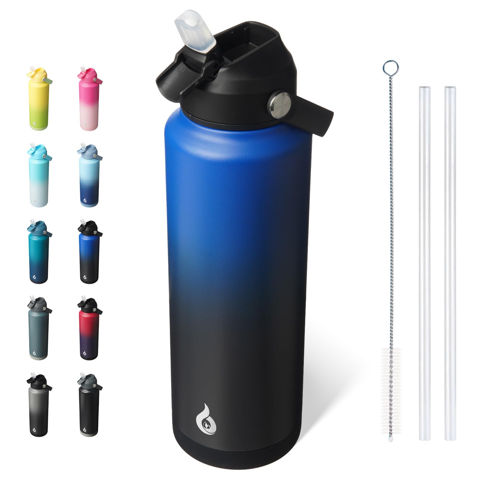 BJPKPK Insulated Water Bottle with Straw Lid, 40oz Large Thermos, BPA Free Leak Proof Stainless Steel Metal Water Bottles, Tumblers, Cups, Flasks for Travel, Sports,Black Blue