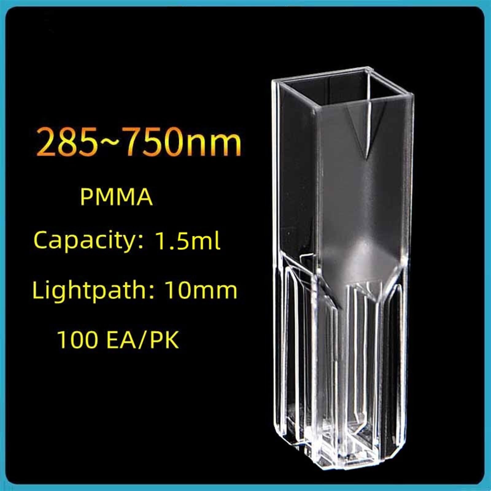Einwegküvette aus Kunststoff, Methacrylat-PMMA-Küvette, 1,5 ml Fassungsvermögen, Halbmikro-Typ, zweiseitig, klar, Kat.-Nr. 14955128, 100 Stück/Pkg