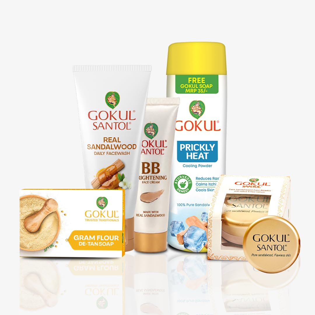 Gokul Summer Skincare Combo Pack - Sandalwood Facewash, BB Cream, Prickly Heat Powder, De-Tan Soap & Face Powder | Cooling, Oil Control & Glow Kit for Daily Use-image-23