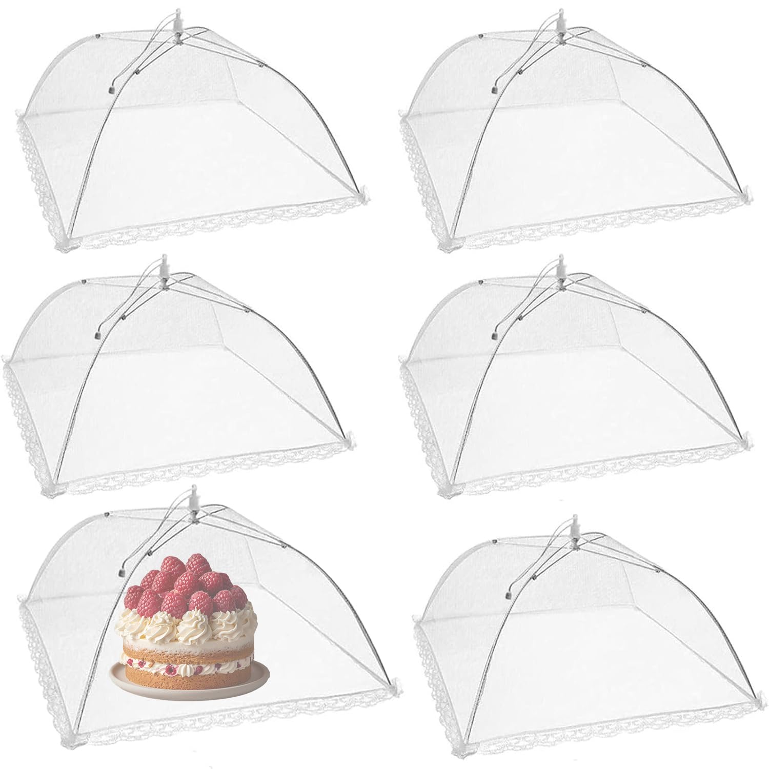 6 Pack Food Cover Mesh Screen and Collapsible Umbrella Reusable Tents for Parties Picnics BBQs Outdoors Net Pop up Covers Cake Storage Tent Keep Out Flies Bugs Mosquitoes - 14 Inch