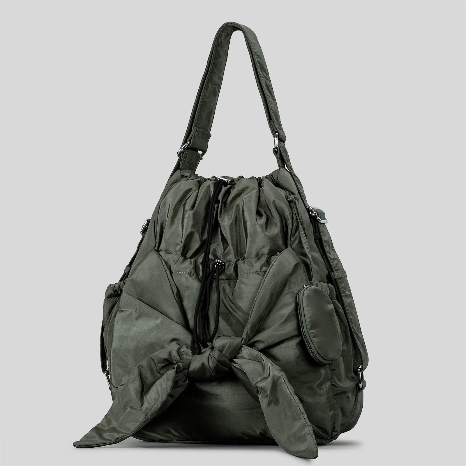 Borsa a secchiello alla moda con coulisse spaziosa borsa a tracolla in nylon con tasche multiple zaino con fiocco per le donne borsa a secchiello in nylon