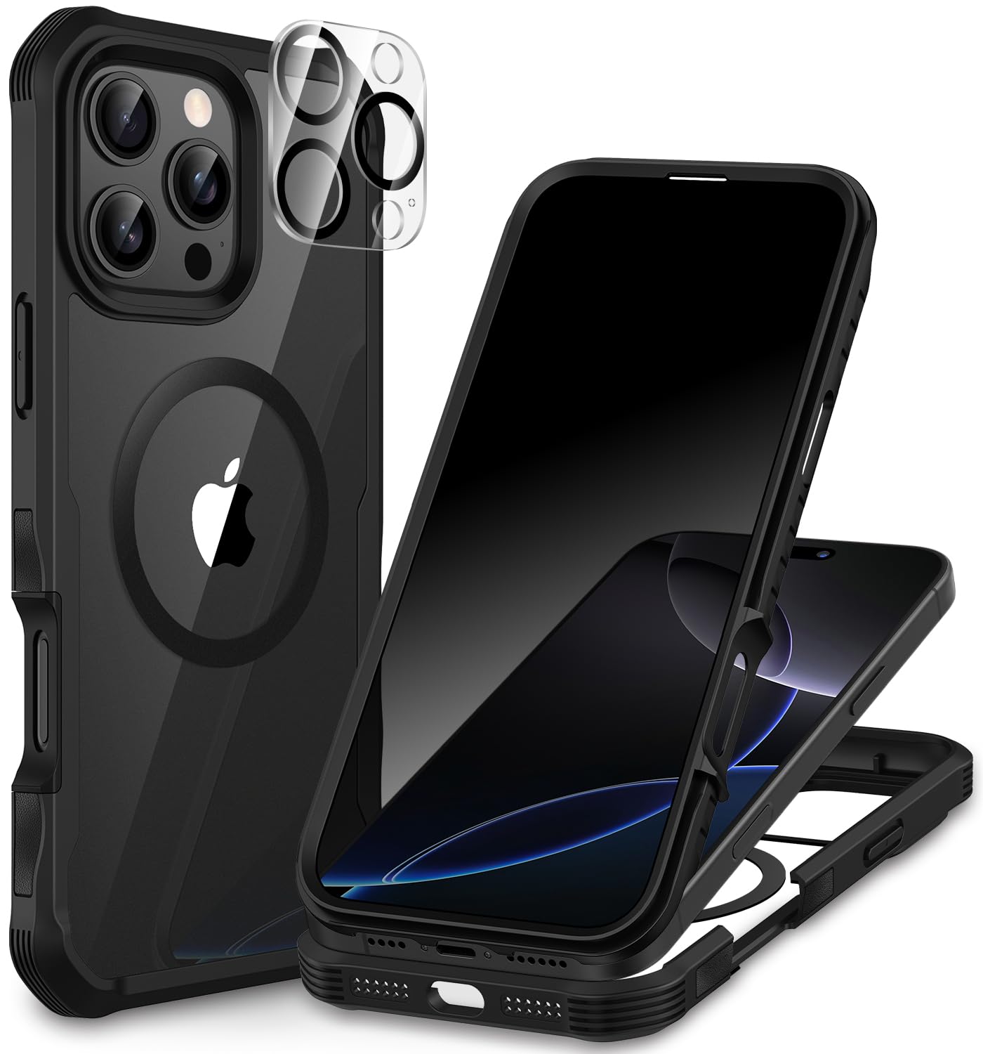 CENHUFO Magnetica Privacy Cover iPhone 16 Pro Max, [Compatibile con Magsafe] Integrata Vetro Temperato Anti Spia Schermo e Protezione Fotocamera, Custodia Antiurto 360 Gradi Doppia Faccia Case -Nero