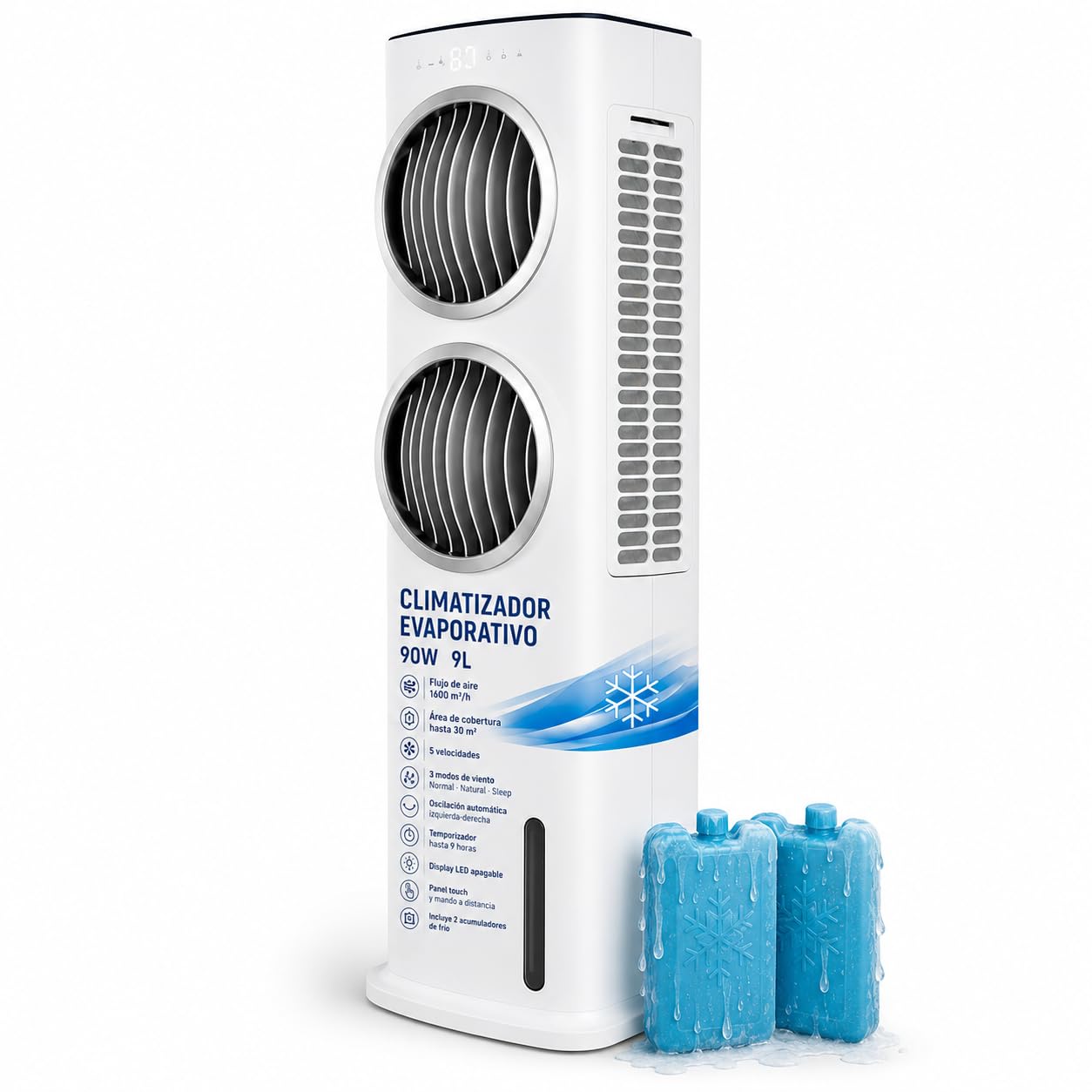 Climatizador Evaporativo VONALA SMALL-DUO – Enfriador de Aire Portátil con Doble Ventilador, Depósito 9L, 5 Velocidades, Mando a Distancia, 90W, Portátil