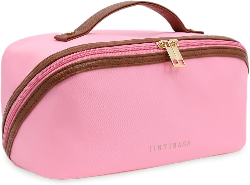 Necessaire de maquiagem JINYIBAGS em nylon, com zíper duplo, divisórias elásticas e alça reforçada, 05-Pink, Pacote com 1