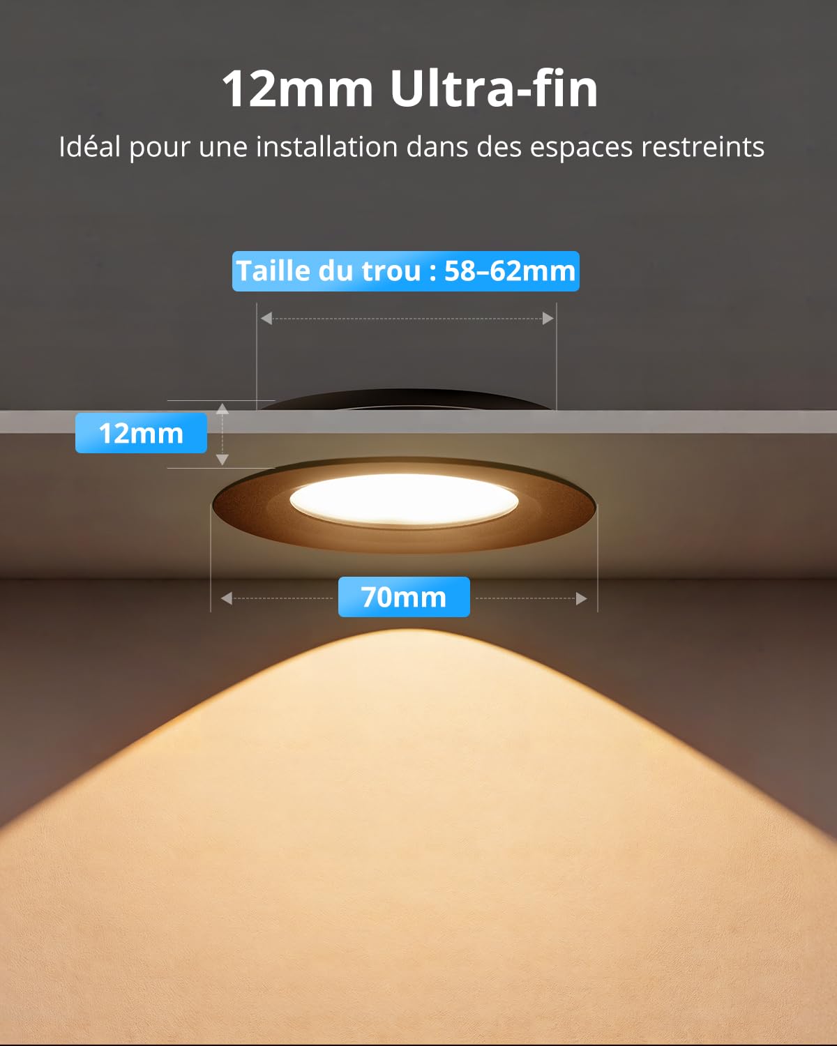 Gr4tec Spot LED Encastrable 12V Noir, 3W Plafond Dimmable 3000K Blanc Chaud 240LM, Alu Spots Encastrable Extra Plat 12mm, Trou 58-62mm, IP44 Spot Encastré pour Camping-car Caravane Bateau, Lot de 6