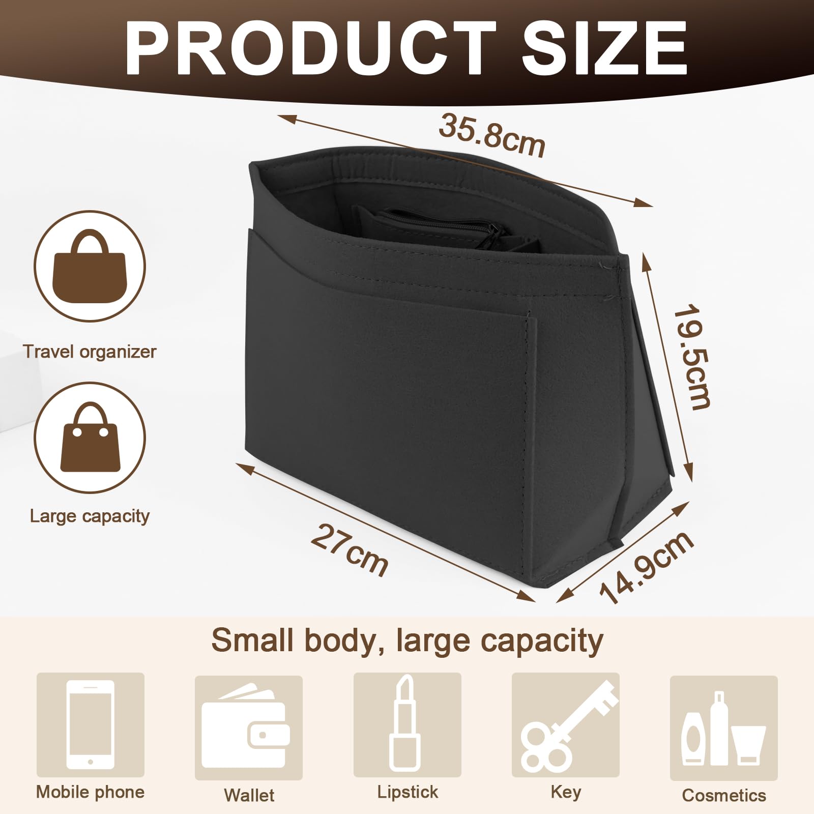 organizer do torebki Longchamp, organizer filcowy do torebki damskiej M, organizer do torebki na torebkę, czarny 26 x 20 x 13 cm