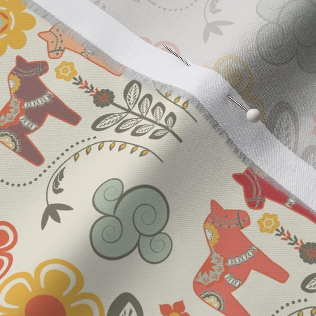 Spoonflower Fabric - Dala Horse Illustration Flowers Folk Pastel Multicolor Printed on Organic Cotton Sateen Fabric by The Yard - Sewing Quilting Apparel Home Decor