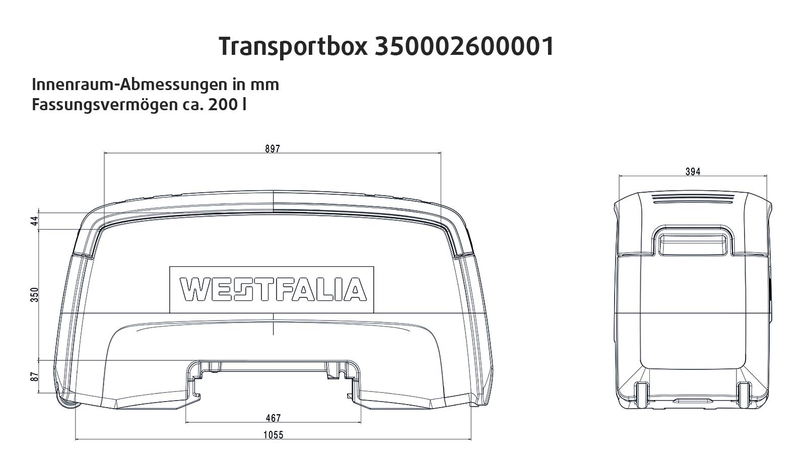 Westfalia Caja de Transporte para Portabicicletas BC 60, Bikelander y Bikelander Classic- Caja de Transporte Trasera con Capacidad de 200 L, Impermeable