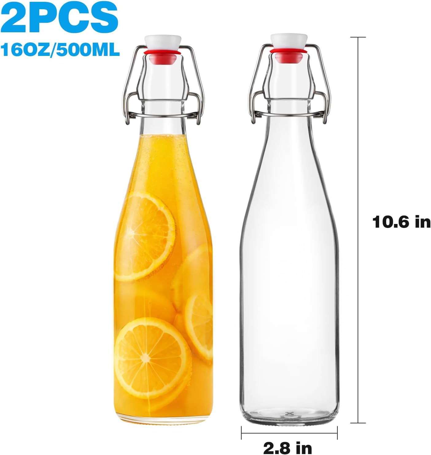 FrutPunch 16OZ Swing Top Glass Bottles, 2 Pack Flip Top Glass Bottle with Airtight Lid for Fermentation, Kombucha, Mead, Coquito, Vinegar, Beer, Kefir, Wine, Soda, Juice for Home Brewing