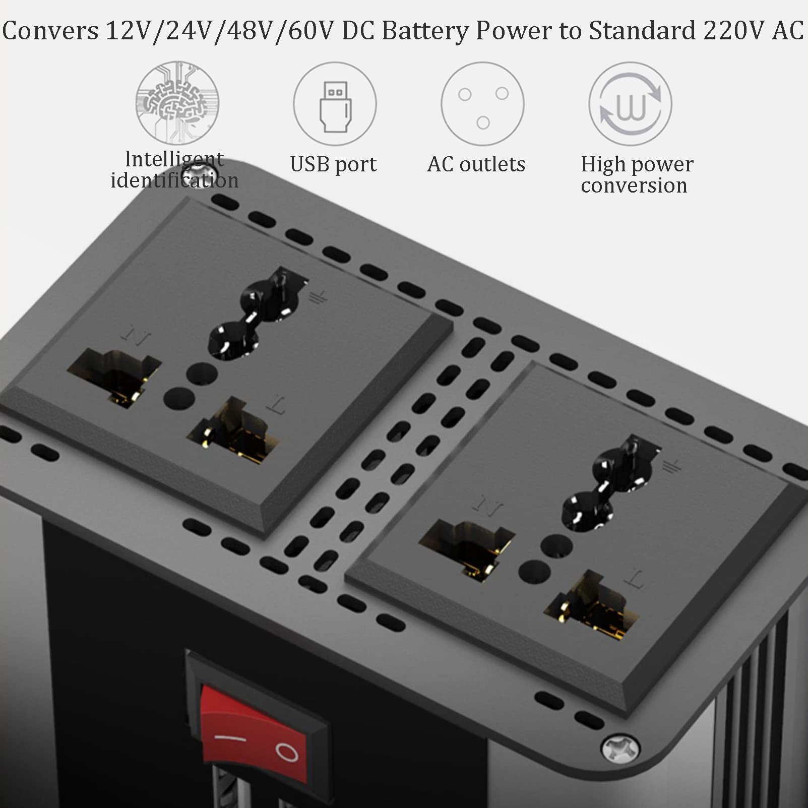 Invertitore Sinusoidale Puro da 12V/24V,48V/60V a 220 V, con presa 2 EU, porta USB, per Camper, Camion, Auto,12V/24V-4500W