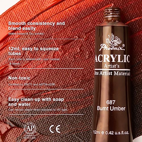Phoenix Acrylic Paint Set, 24X12Ml Tubes, Non-Toxic Craft Art Paints For Canvas, Wood, Glass, Ceramic, Great Value Painting Art Supplies For Adults Kids & Beginners #TOP2