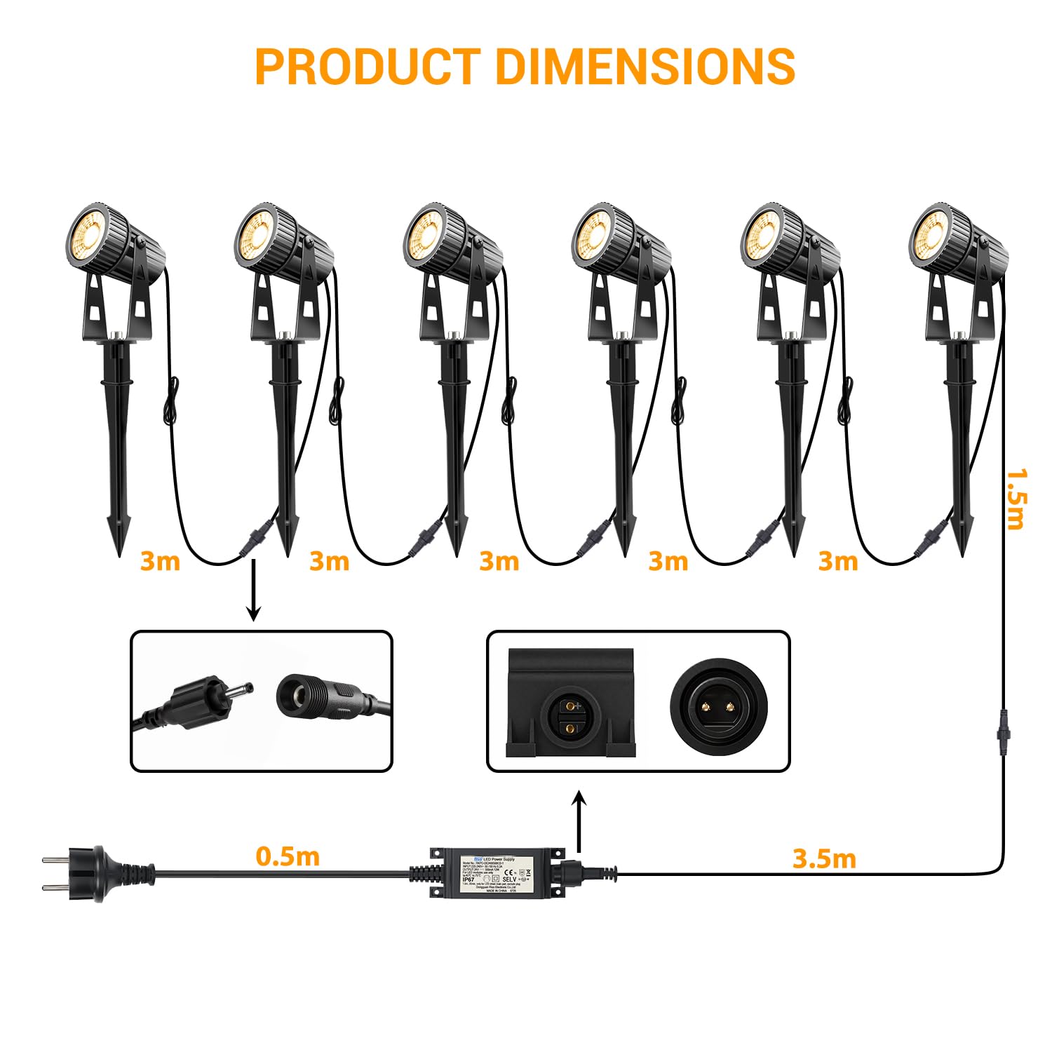 6 focos de jardín LED de luz de jardín, blanco cálido, foco led exterior con clavija de tierra, iluminacion para exterior, árbol de césped, 24V 20W IP65