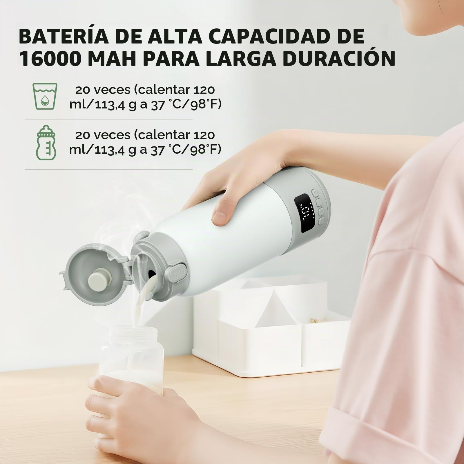 Calientabiberones Portátil 100W – Recipiente Acero Inoxidable Aislamiento al Vacío, Calentamiento Rápido 80 Seg, 500ml, Batería 16000mAh, 37-70°C Ajustable, 3 Modos Leche, Antifugas – Viaje y Hogar