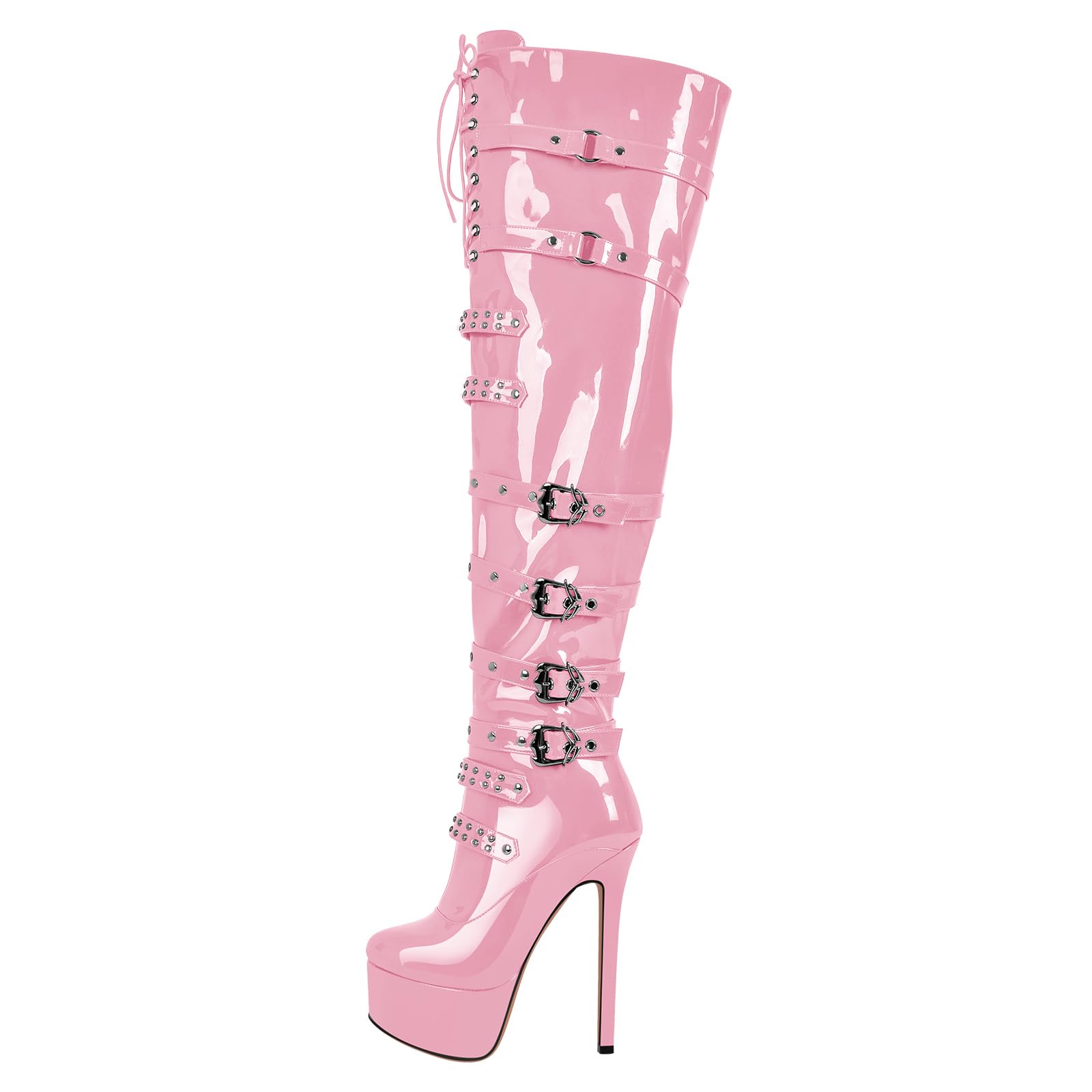richealnini Women's Platform Thigh High Boots with Zippers and Rivets Lace Up Buckle Heels Over Knee High Boots