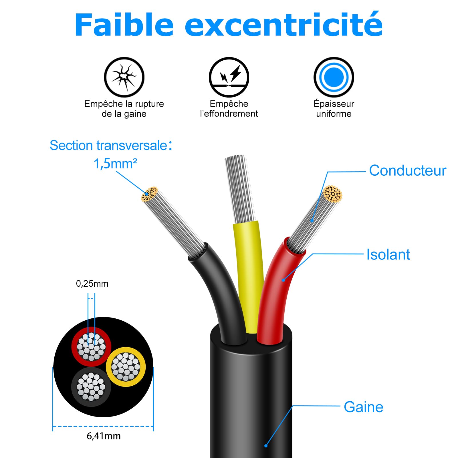 Cable Eléctrico 30 Metros 16 AWG 3x1,5mm², Cable de 3 Conductores 5V/12V/24V/220V, Cobre Estañado, Flexible y Flexible, Baja Impedancia, Alta Resistencia a la Temperatura, Cable de Extensión